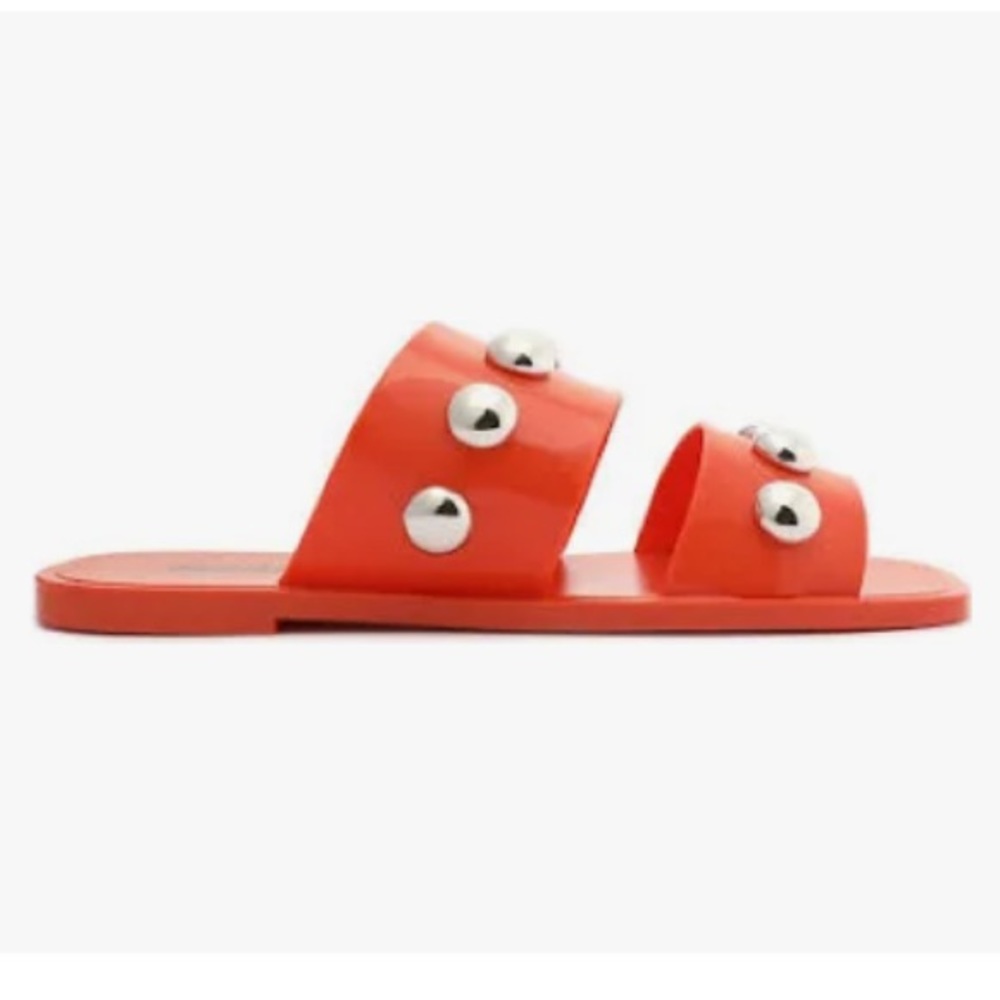 SCHUTZ Square Toe Lizzie Slide Studded Sandals Orange Silver Jelly Rubber New 10